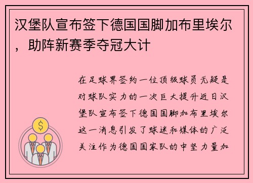 汉堡队宣布签下德国国脚加布里埃尔，助阵新赛季夺冠大计